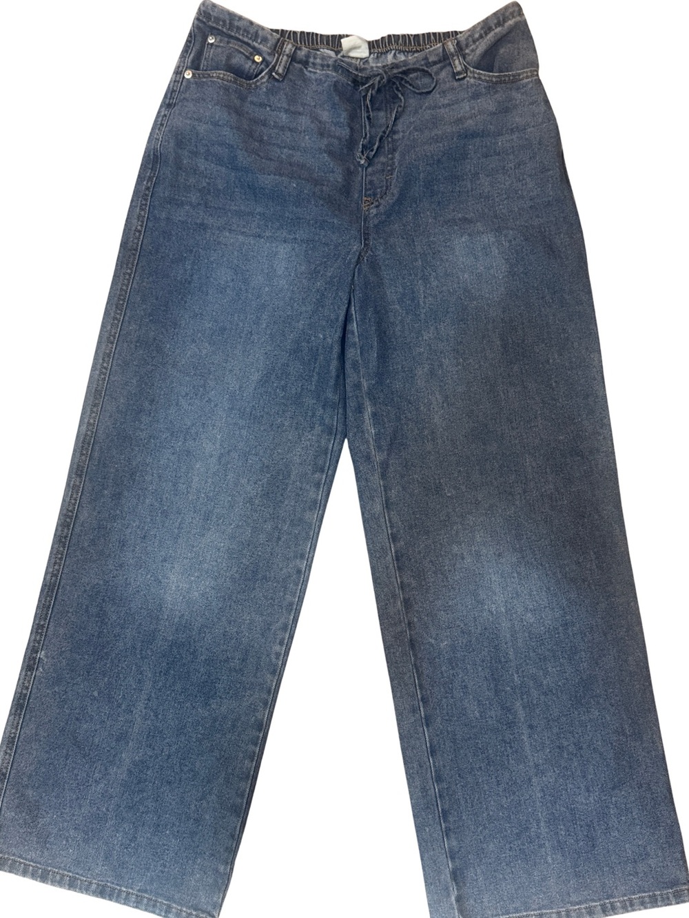 Women’s Wide Leg Drawstring Denim Jeans - Blue Denim